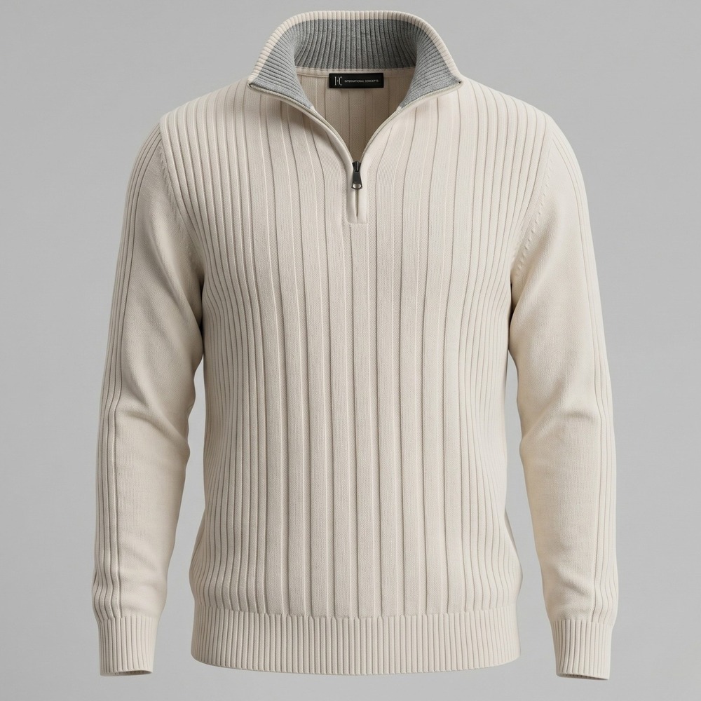 INC Mens Medium Cream Quarter Zip Pullover Sweater Ribbed Knit Mock Neck